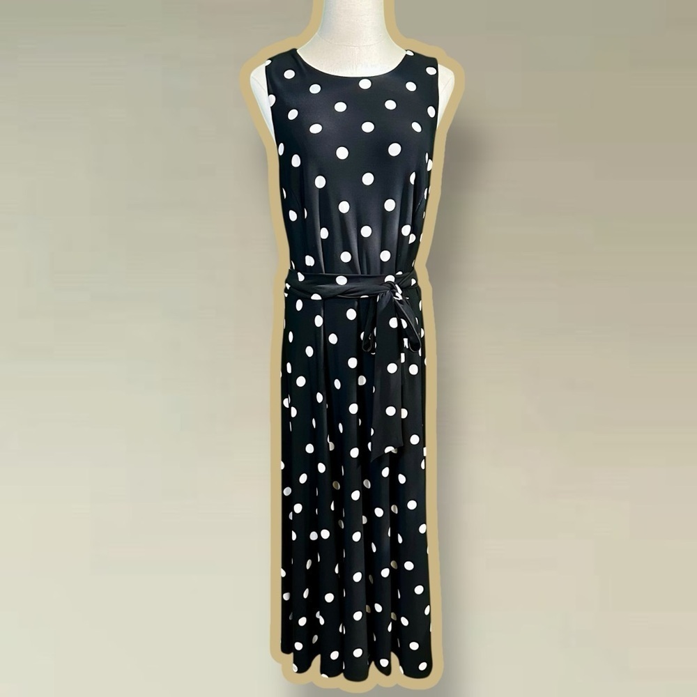 Lauren Ralph Lauren Black & White Polka Dot Jersey Knit Belted Midi Dress Sz 12